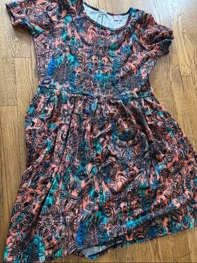 Lularoe Amelia Coral & Teal Floral Short-Sleeve Dress